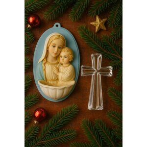 Vintage Holy Water Font Madonna & Child with Crystal Cross – Faith Gift for Home